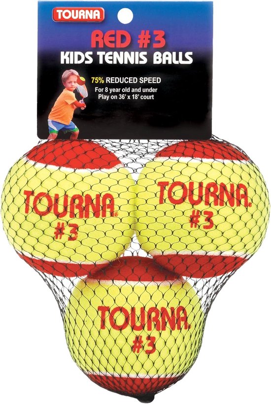 Verpakking met drie gele tennisballen met rode accenten, TOURNA. #3 Kids Tennis Balls.