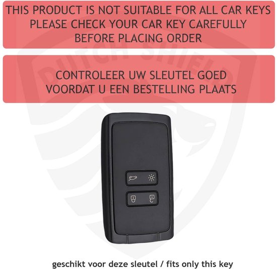 Zwarte autosleutelcover met vier grijze symbolen. Boven de sleutel staat een rode tekst in het Engels en Nederlands.