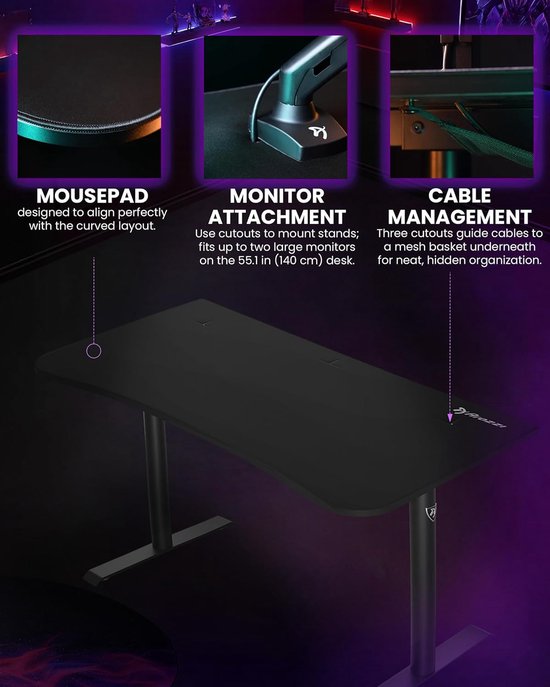 Gaming Bureau - Werkplek Bureau - Comfortabel Spelen - Volledig Oppervlak Muismat - 140 x 71 cm - Zwart — afbeelding 4