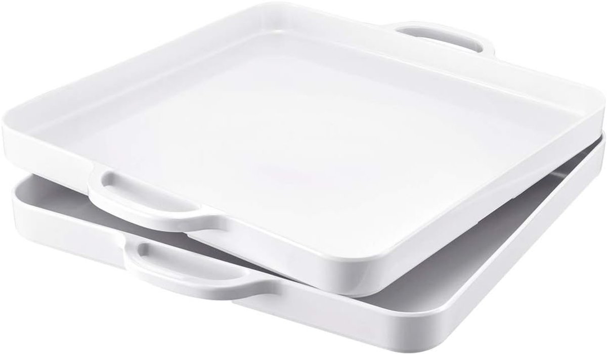Set van 2 Witte Melamine Serveerbladen met Handvat voor Ontbijt en Diner