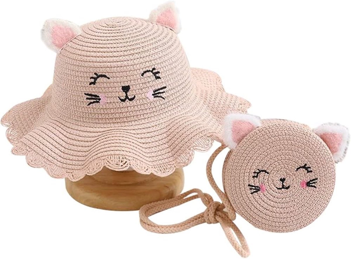 Zomerhoed en Tas Set voor Meisjes - Stro Hoed met Brede Rand en Bijpassende Mini Portemonnee