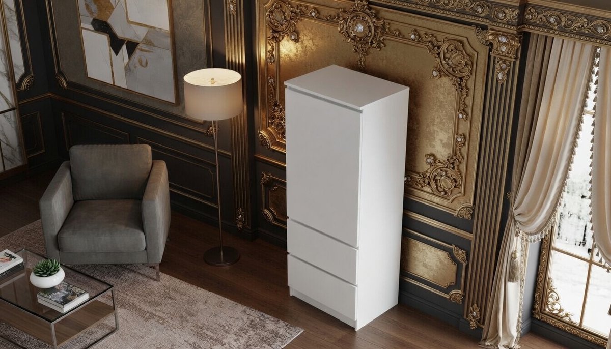 Kledingkast Casa Velluto PureLine – Garderobekast met 3 Lades en Open Plank – Linnenkast 50x180,5x40 cm – Wit – Smalle Opbergkast voor Slaapkamer, Kinderkamer, Hal of Appartement
