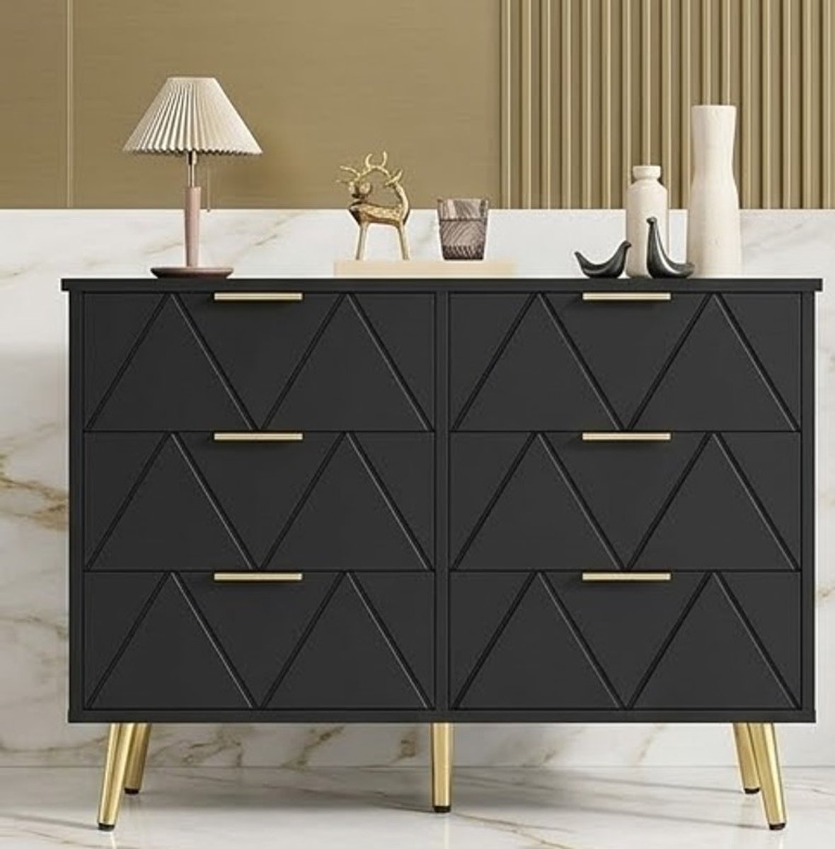 Luxe Elegance 6-Laden Dressoir - Moderne Houten Commode met Gouden Handgrepen & Poten - 104x34x75 cm - Slaapkamer, Woonkamer & Kantoor Opbergkast - Zwart - Casa Serena – Casa Dorada