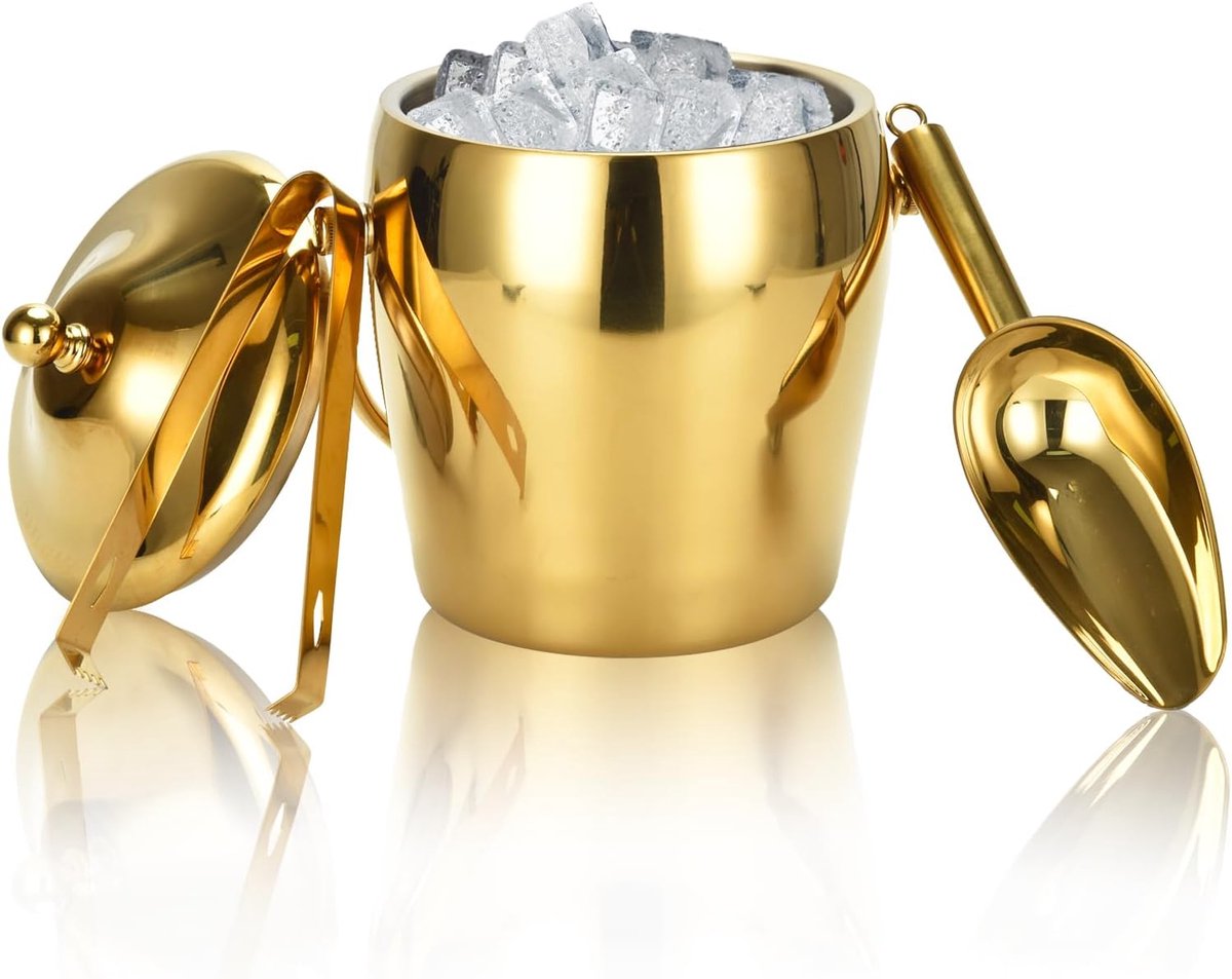 Rvs IJsemmer met Deksel en Tang - Grote Isemmer voor Champagne, Wijn en Feesten (Goud)
