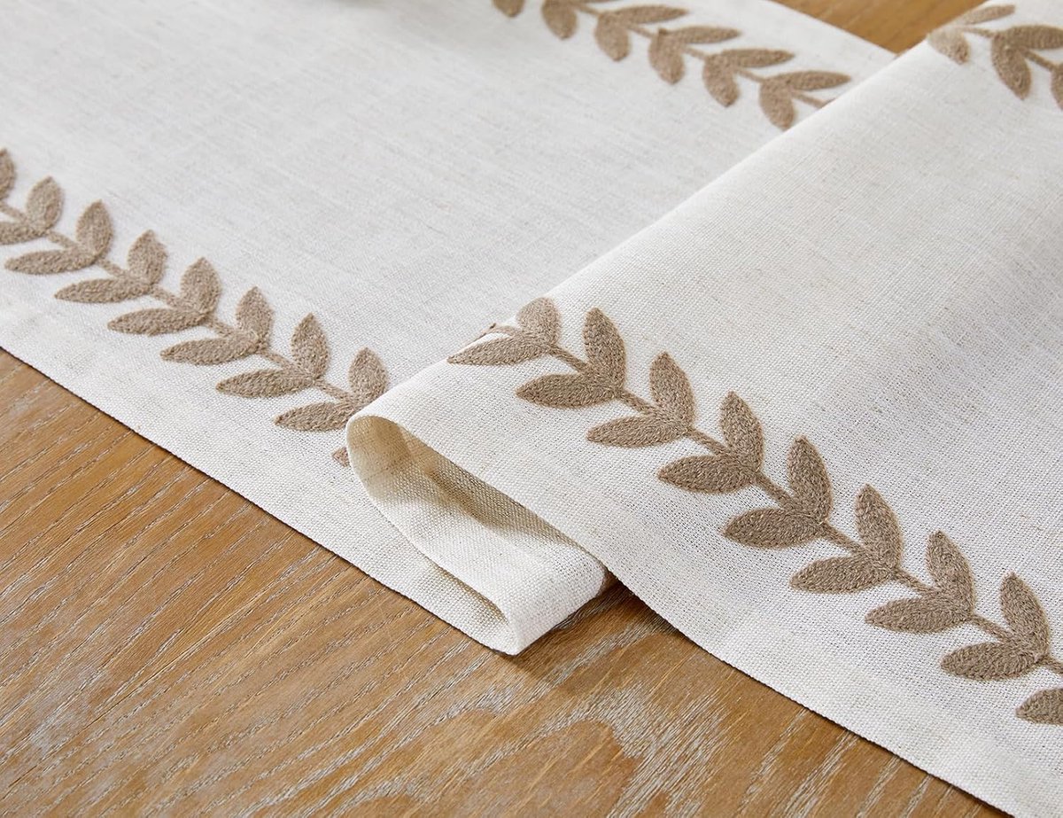 Geborduurde Linnen Tafelloper met Wilgenbladeren voor Eettafel en Feestdecoratie