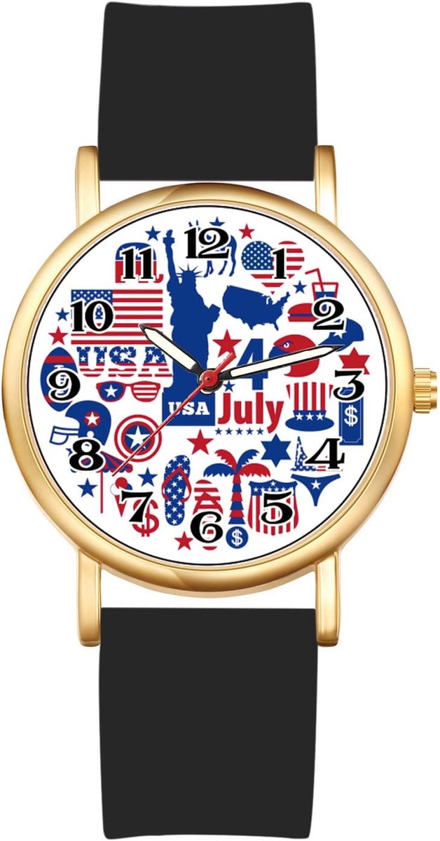Dames Horloge met Siliconen Band en Romeinse Cijfers - Amerikaans Thema