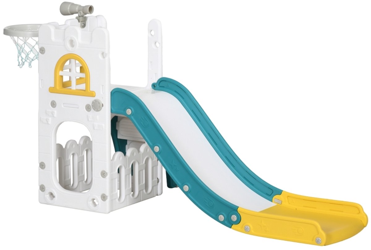 Glijbaan - Glijbaan peuter - 4-in-1 Speeltoestel - Kinderspeelplaats met opbergruimte en antislip treden - Klimrek & Basketbalring - Voor binnen en buiten - Geel - Voor 1-3 Jaar