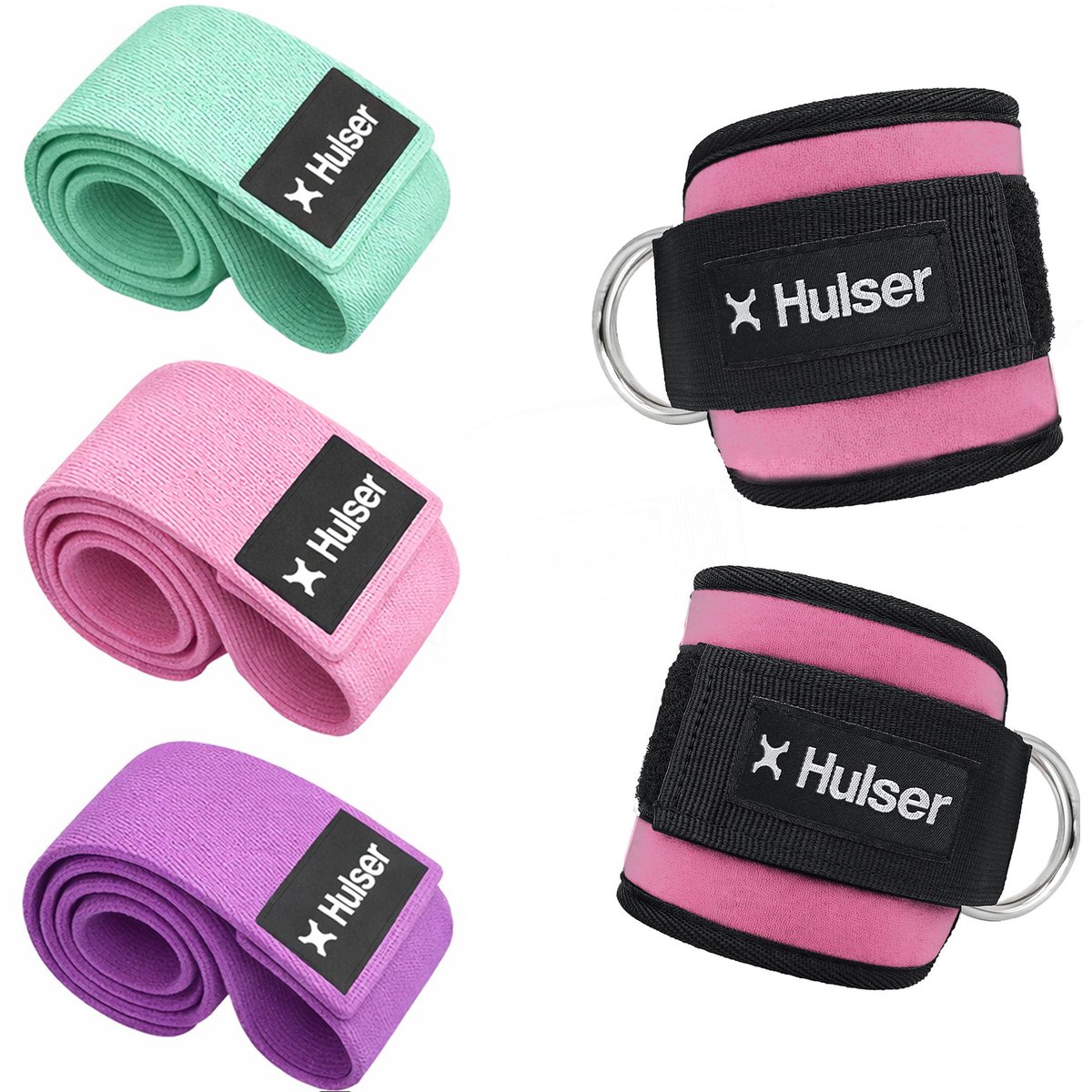 Hulser Sportieve bundel - 2 Ankle strap en Resistance band set - Roze - Enkel straps - Enkelband Cuff - Weerstandsband - Fitness booty band - Stretch elastiek - Krachttraining & Stretchen