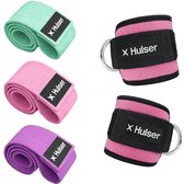 Hulser Sportieve bundel - 2 Ankle strap en Resistance band set - Roze - Enkel straps - Enkelband Cuff - Weerstandsband - Fitness booty band - Stretch elastiek - Krachttraining & Stretchen