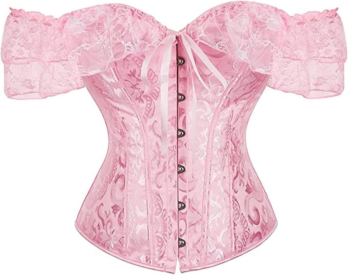 Dames Korset Bustier met Bloemige Kant Off Shoulder en Bonneering - Roze (XL)