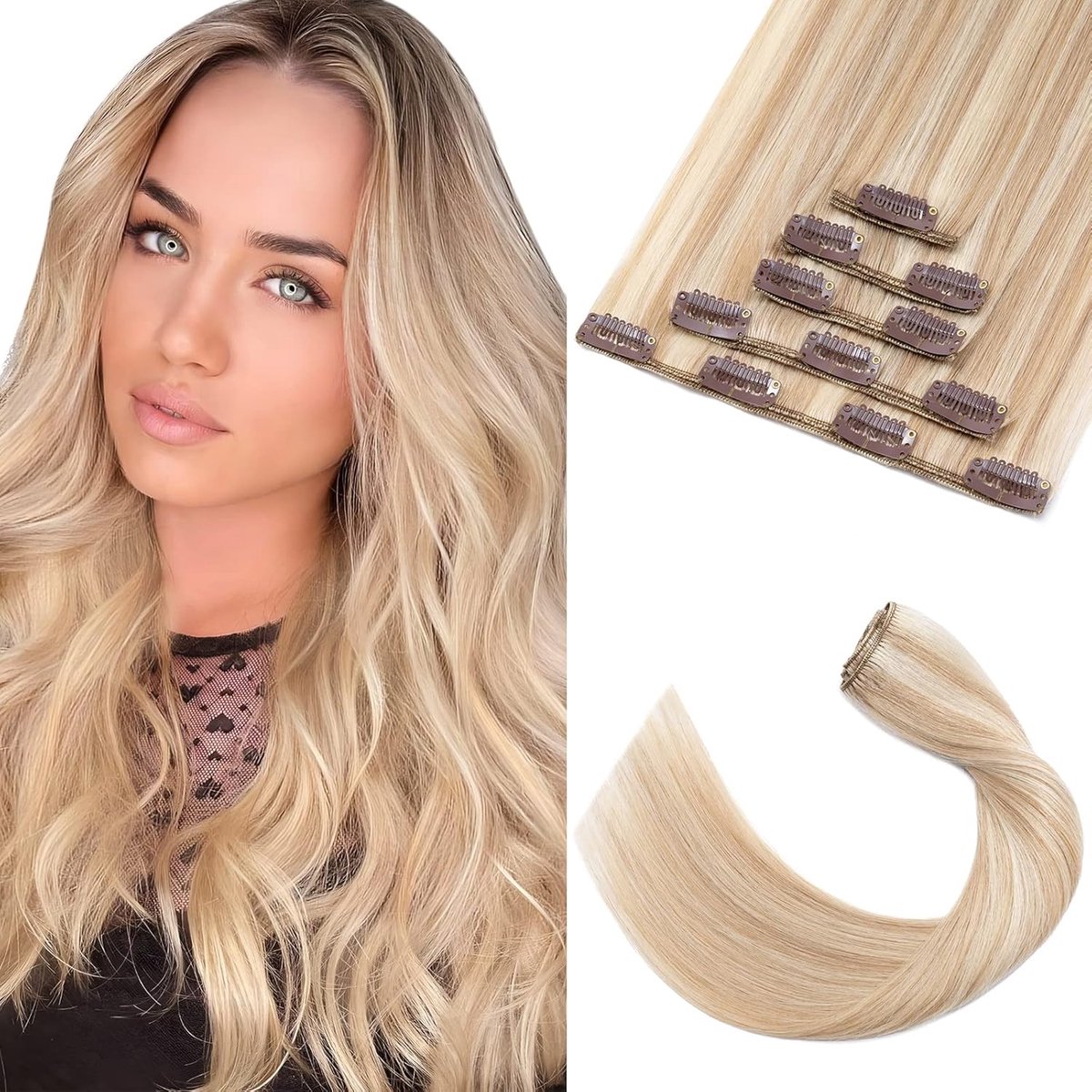Echt Haar Clip-in Extensions Glad 35 cm 5 Delen Set Menselijk Haar