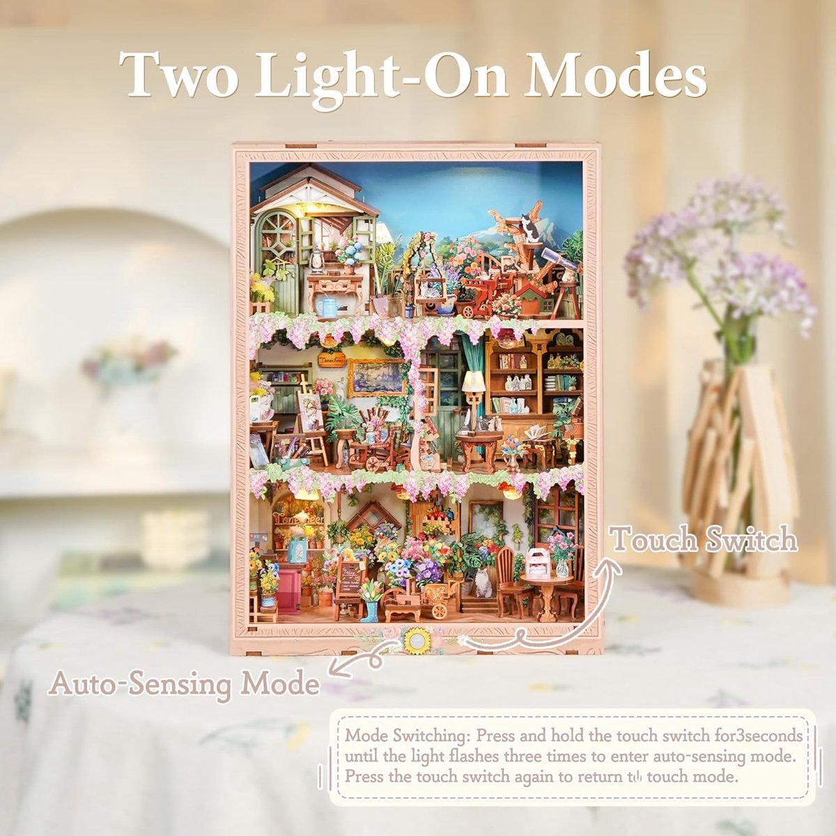 Tonecheer TQ455 Blossom Time Bouwpakket | Miniatuur huisjes pakket modelbouw voor volwassenen | Houten 3D Puzzel | Woonkamer decoratie schilderij | Bewegingssensor led lights verlichting | DIY katten poppenhuis display collectie — afbeelding 7