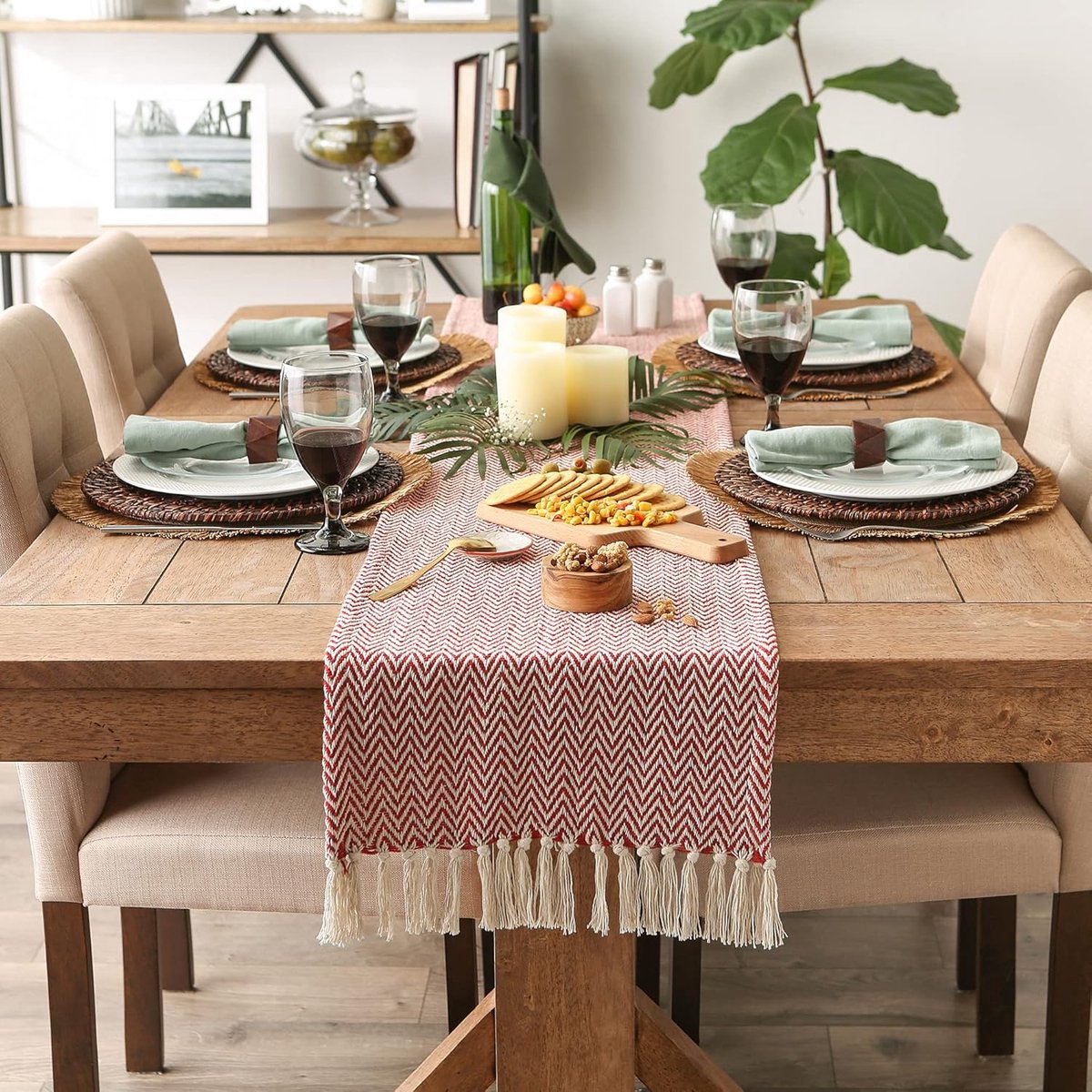 Geweven Tafelloper Chevron Barn Red - Katoen Tafel Runner 38x183 cm