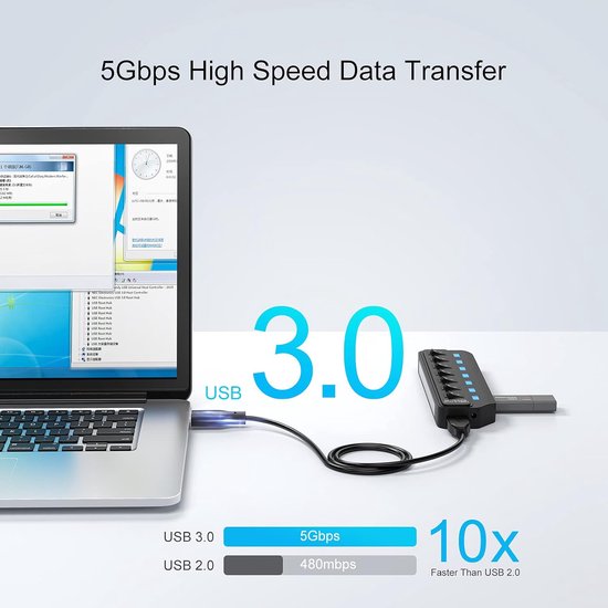 7-Poorts USB 3.0 Hub Splitter met Individuele Aan/Uit Schakelaars en LED Indicatoren van Merkloos — afbeelding 2