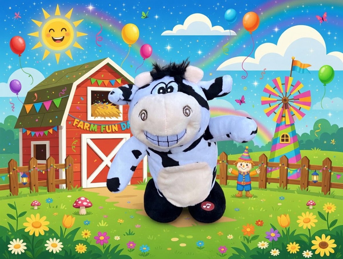 Knobbout Music United, "Interactieve Pratende Koe Knuffel 21cm – Opnamefunctie, 120 Engelse Liedjes & Lopen – Elektronisch Speelgoed voor Kinderen"