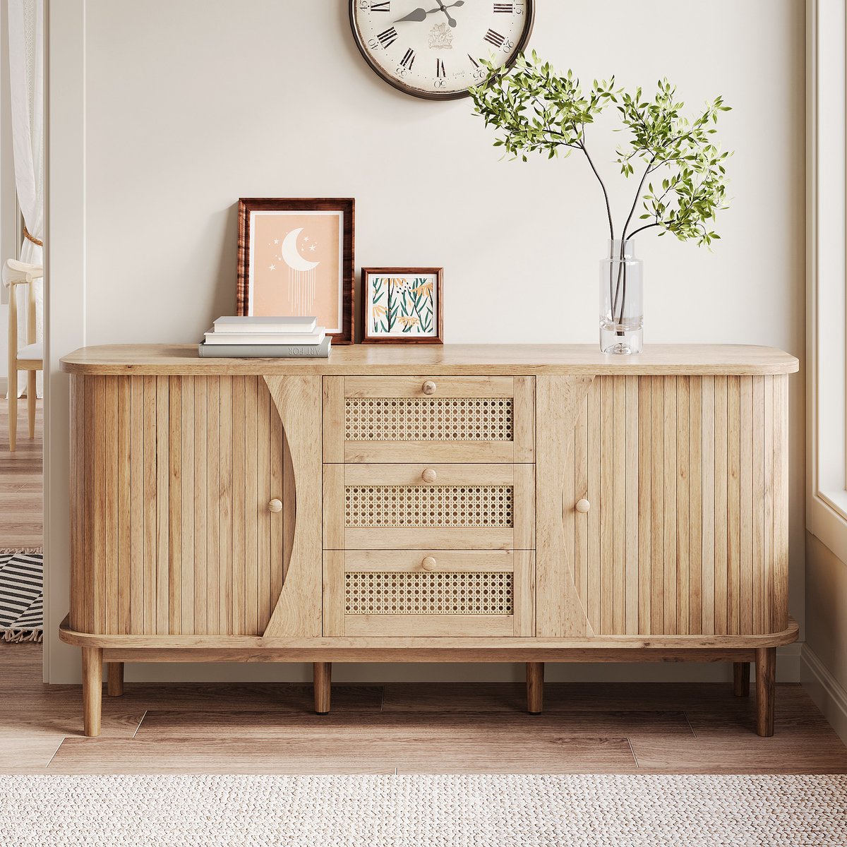 MODFU - Sideboard - 3 Rotan Laden En Verstelbare Planken - Rustiek - Woonkamer - Spaanplaat - Naturel - 140,5 x 40 x 76 cm