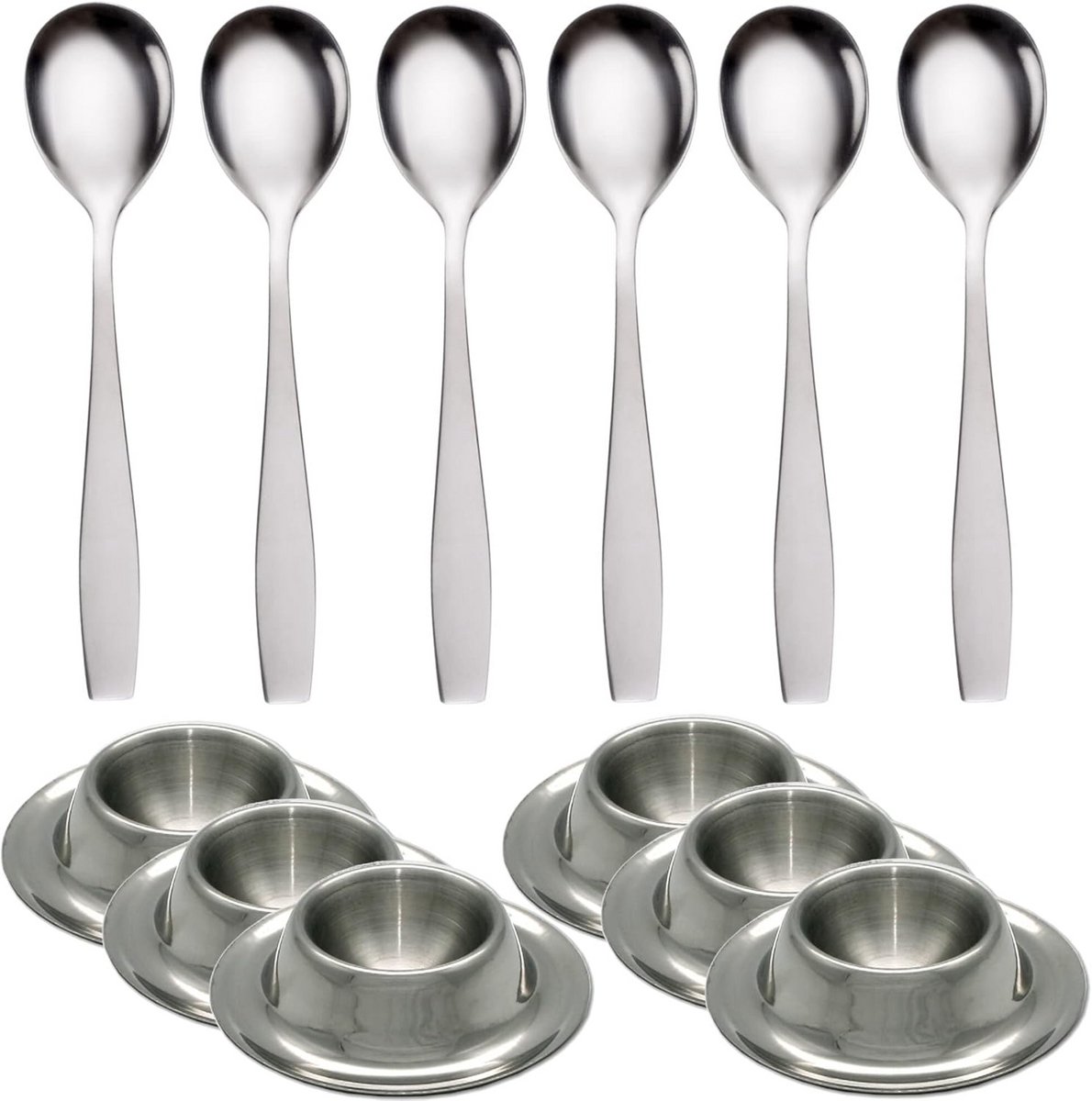 Set van 6 Eierdopjes met 6 Eilepels - RVS Eierhouder Set voor Ontbijt