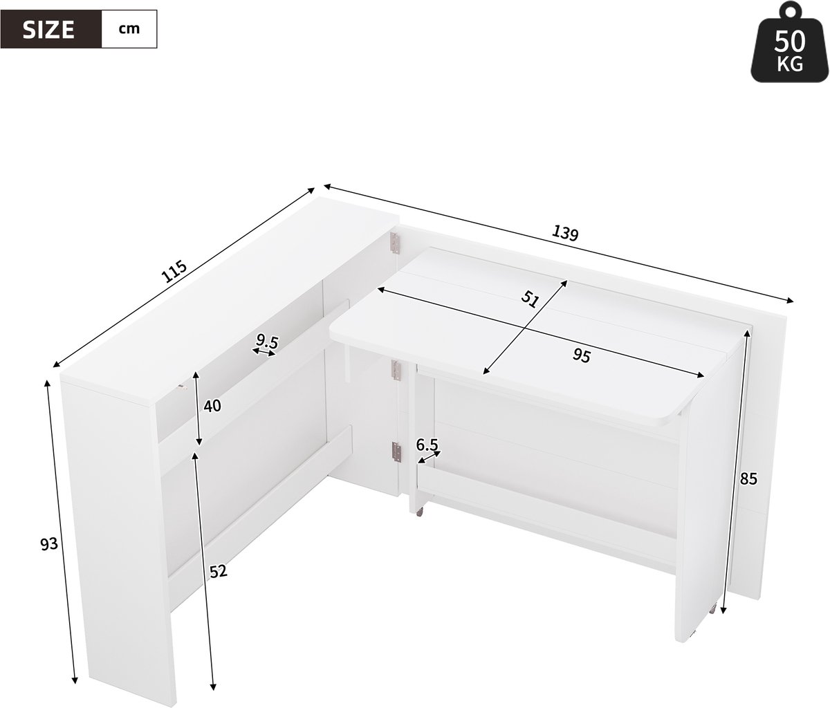 Aafinity Opklapbaar Bureau Met Wielen En Draadloze Oplader – Wit Dressoir – Dressoirkasten – Kastorganizer – 2-in-1 Tafelblad 115×27×93 Cm — cadeau in Cadeau-ideeën - foto 5