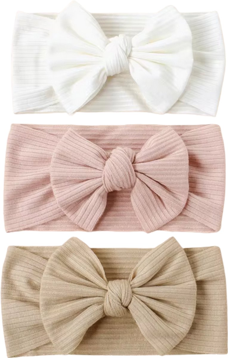 Zoettt Baby Haarbandjes met Strik - 3 stuks - Ivoor/Oudroze/Zandkleur