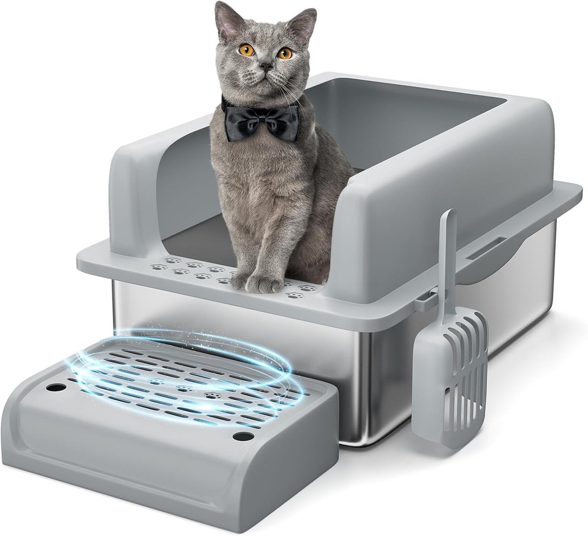 RVS Kattenbak 60x40x35 cm - Hoge Randen, Uitstapplatform & Schepje – Roestvrijstalen Katten Toilet voor Grote Katten & Meerdere Katten – Makkelijk Schoon te Maken