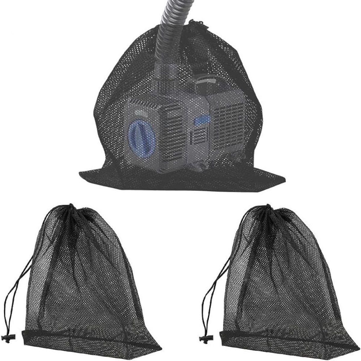 longziming -3 stuks pompfilterzakken met trekkoord – Filterzak voor vijver- en waterpomp – Set van 2×40×30 cm + 1×45×45 cm – Beschermt tegen vuil en bladeren