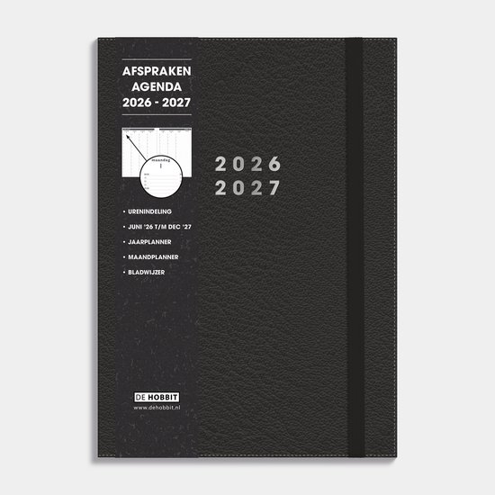Hobbit - Zakenagenda 2026-2027 - Afsprakenagenda - A4 (21 x 29,7 cm) - Tijdindeling per kwartier - 1 week over 2 pagina's - Flexibele Kaft - Lederlook Zwart