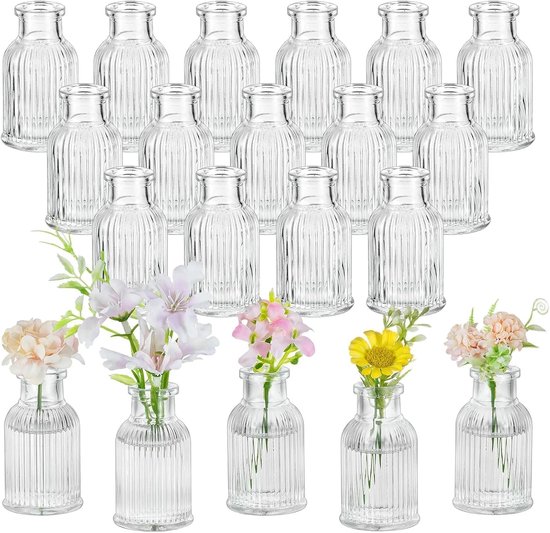 Famanu – Glazen Bloemenvaas Voor Tafel: Kleine Vaas Set Van 20 Voor Bruiloft Party Home Woonkamer Centrepiece Decoraties - Heldere Bud Vaasjes Voor Rose Plant Gras