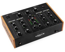 Console de mixage rotative Vonyx VDJ270 - Console de mixage 4 canaux - Mixeur analogique - Égaliseur 2 bandes - Finition Zwart/bois