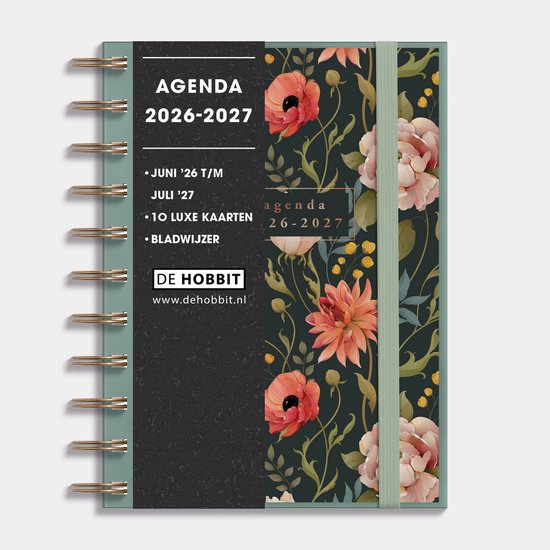 Hobbit - Ringband Agenda 2026-2027 - Agenda A6 (14,2 x 10,5 cm) - Spiraal Agenda - 1 week op 2 pagina's - Flexibele Kaft - Vintage Bloemen