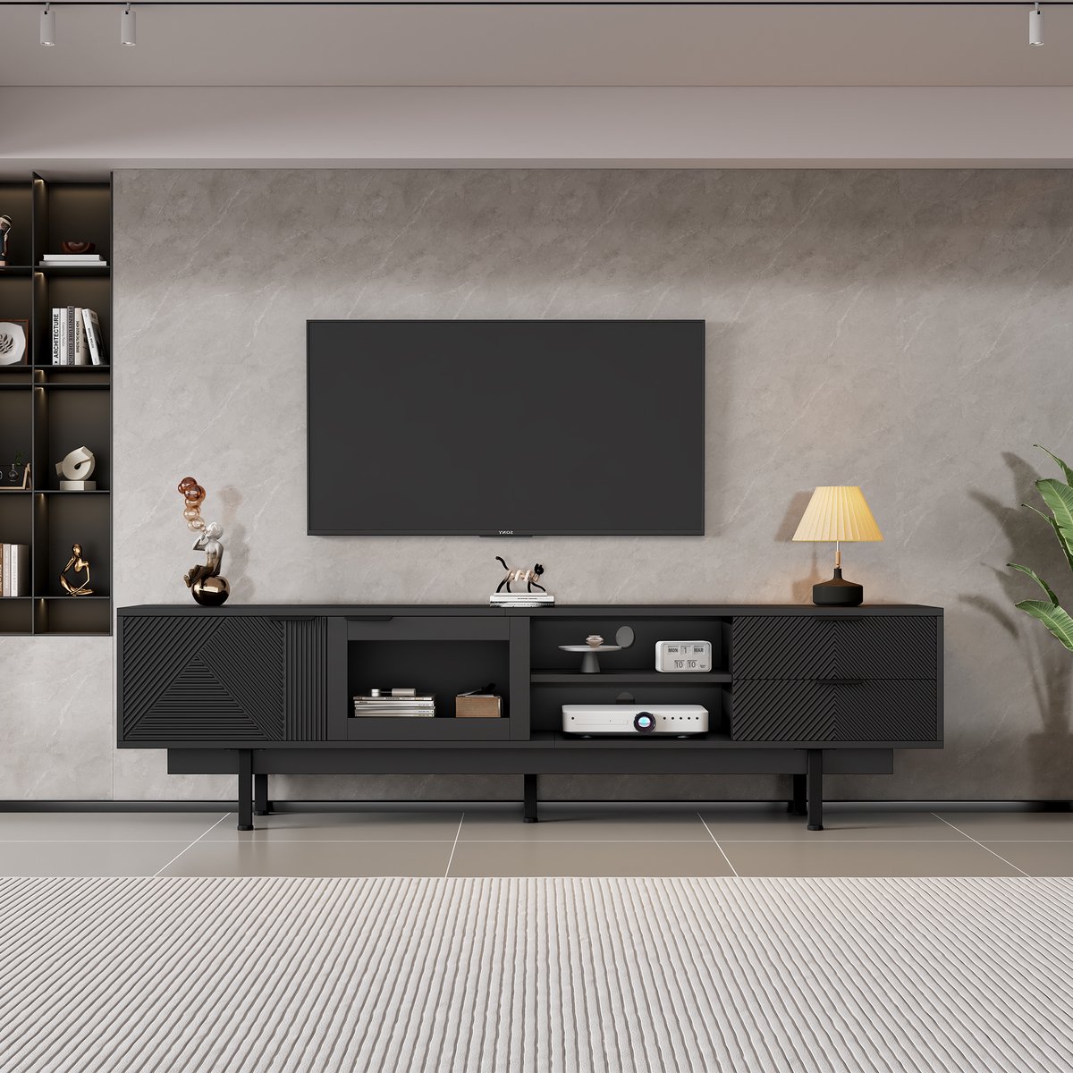 TV-meubel - 200x40x50.5 cm - Grote Opslag en 2 Laden - Voor 80 inch TV - Hout - Zwart