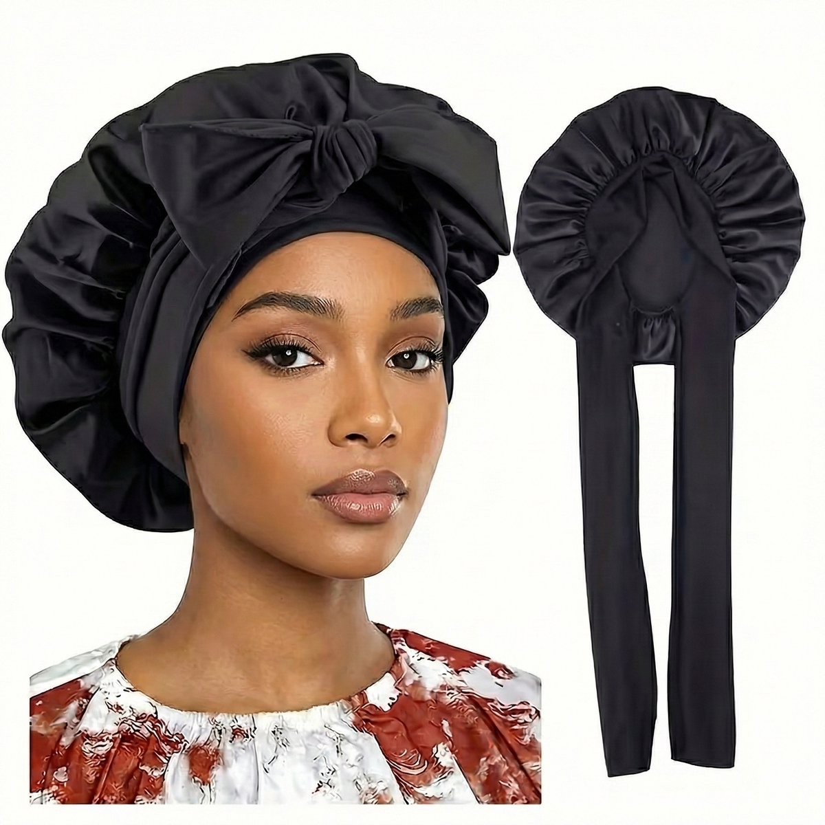 Zwarte satijnen haar bonnet dames – lange slaapmuts met strik en linten – beschermende satijnen haarmuts voor krullen, vlechten en lang haar – antikroes slaap cap