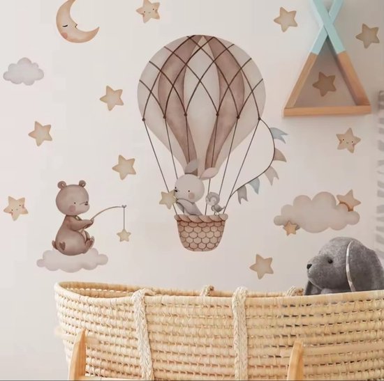 Sticker mural chambre de bébé – Animaux mignons en montgolfière – Étoiles, nuages & lune – Décoration neutre pour chambre d'enfant