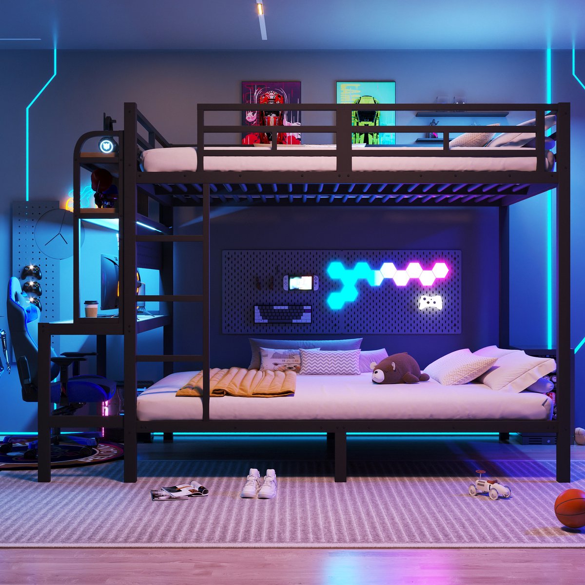 Stapelbed 140 x 200 cm - met opbergruimte - bureau - met LED-verlichting - USB-poort - zonder matras - zwart