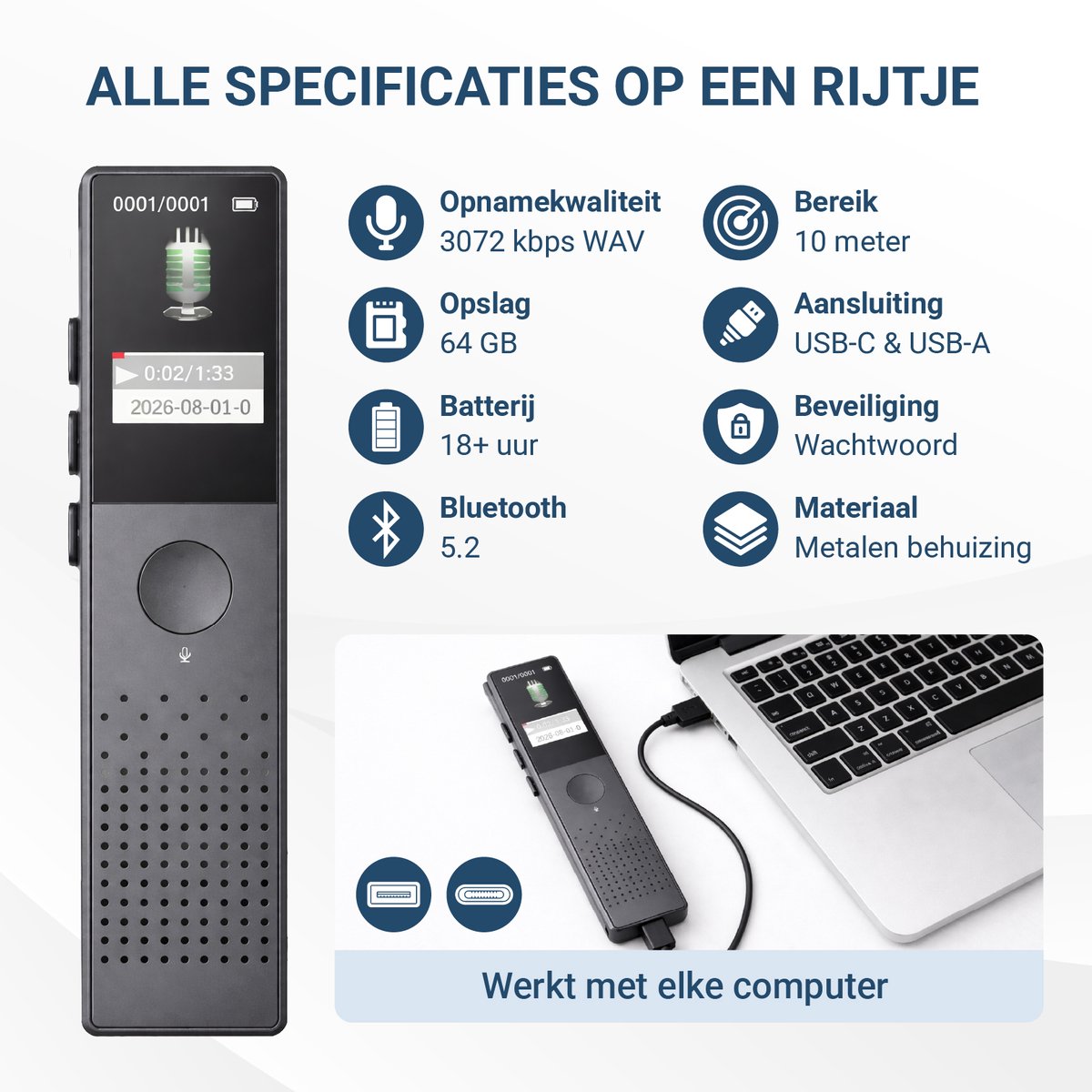MECHEN 64 GB draagbare dicteerapparaat, 1536 Kbps VOOR-audiorecorder, slechts klik, MP3-weergave, voor vergaderingen (64, GB