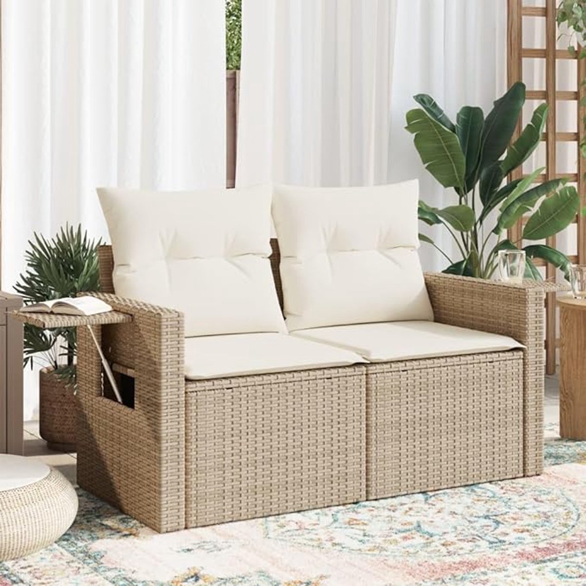 Luxe 2-Zits Tuinbank met Kussen en Inklapbare Bijzettafel – Comfortabele Loveseat voor Terras, Balkon of Tuin – Weerbestendig Polyrotan, Afneembare en Wasbare Kussenhoezen – Beige en Crèmekleurig House&Garden