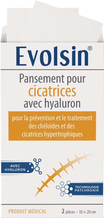 Doosje Evolsin littekenpleisters met hyaluron, voor de preventie en behandeling van keloïden en hypertrofische littekens.
