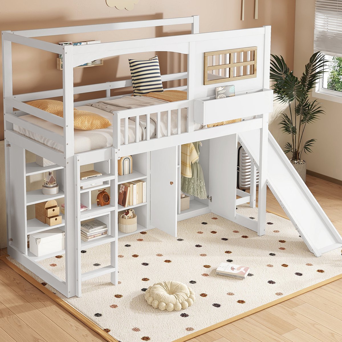MIVRAY Stapelbed 90x200 cm Zonder Matras - Met Glijbaan En Kast - Met Opbergrek En Viertraps Ladder - Hout En MDF - Wit Naturel