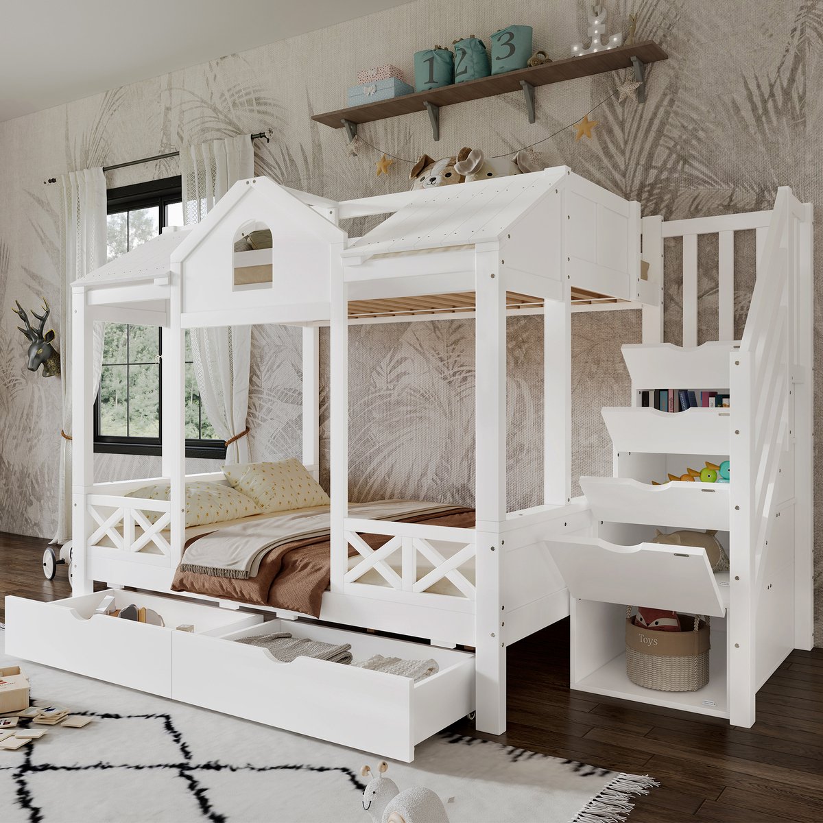 REDOM Kinderbed Etagebed – 90x200 & 140x200 cm – Met opberglades & trapkast – Hout – Wit