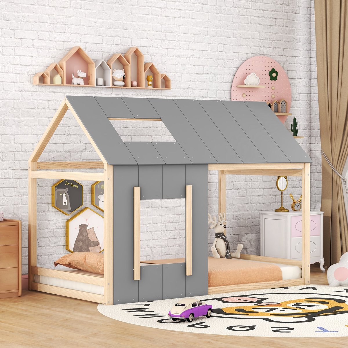 REDOM Kinderbed 90x200 cm van grenenhout/MDF – Huisvorm met raamdetails – Naturel/Grijs Natuurlijk