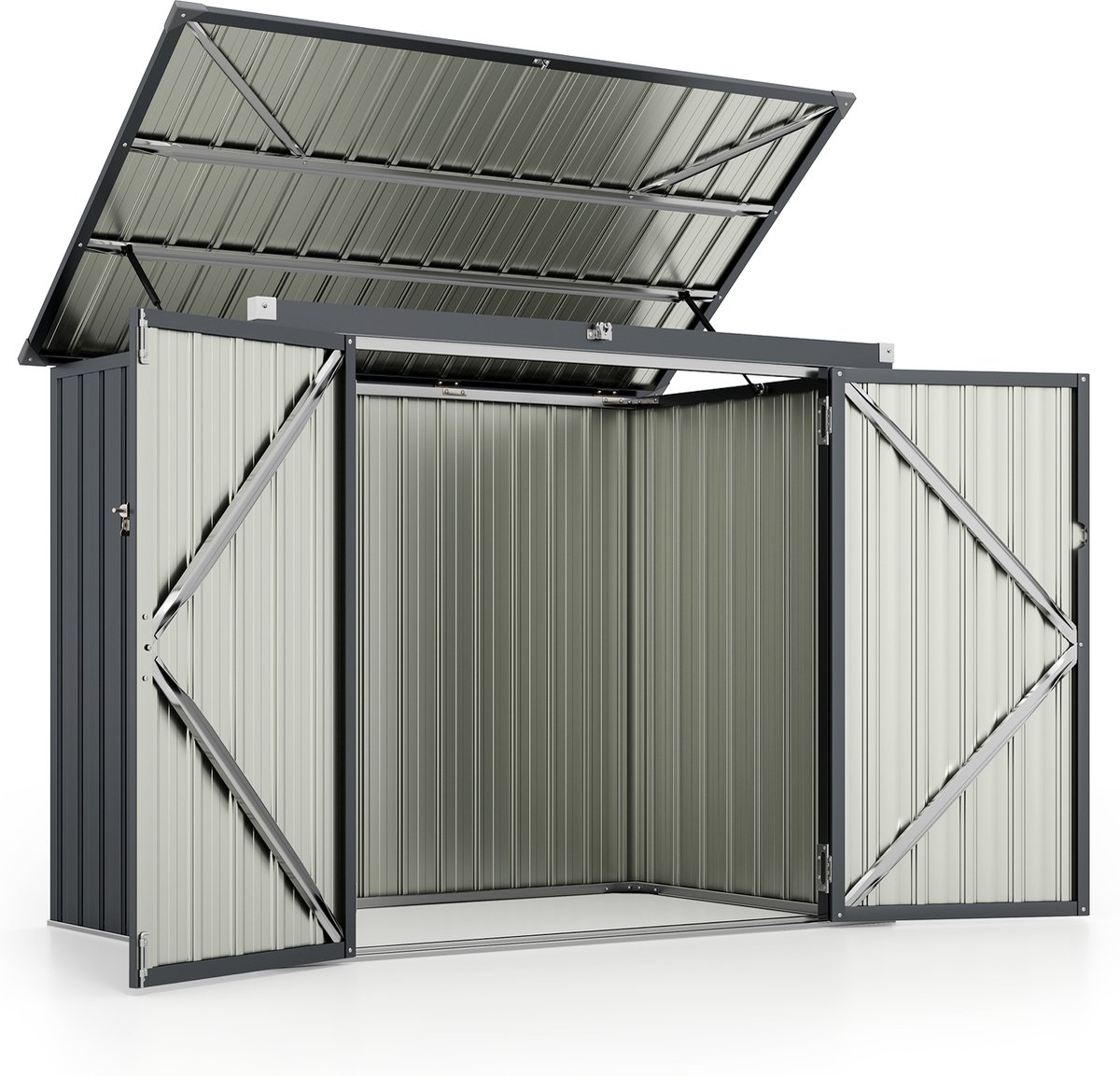 COSTWAY Vuilniscontainerbox voor 2 vuilnisbakken, van verzinkt metaal, afvalhuis met 2 deuren en klapdeksel, afsluitbaar, weerbestendig, tuinbox tuin, 172 x 95,5 x 130 cm (zwart)