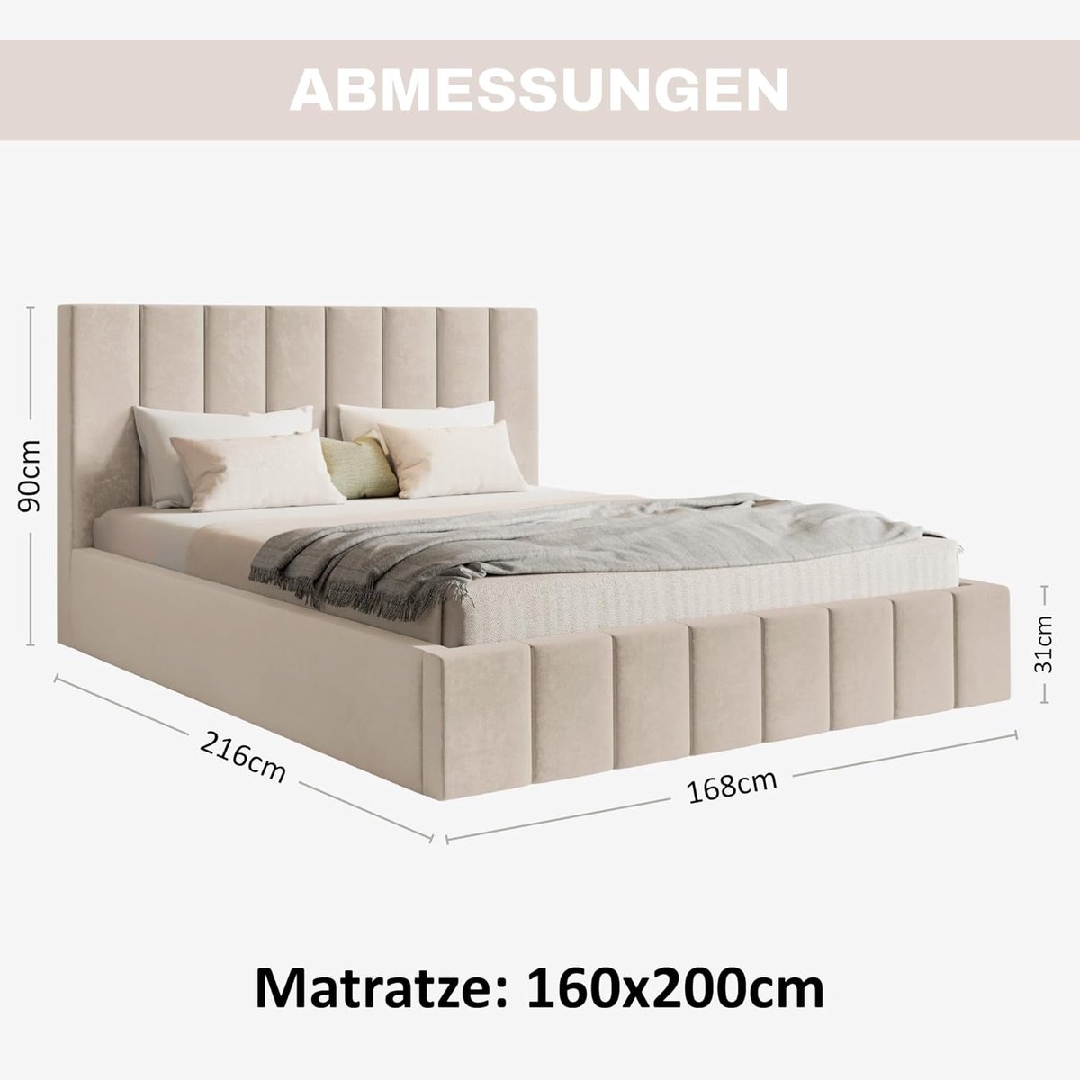 Gestoffeerd Bed 160x200 cm Beige Fluweel met Opbergruimte, Hoofdeinde en Lattenbodem – Luxe Slaapkamerbed met Bedlade – Modern & Comfortabel – Pauwhome
