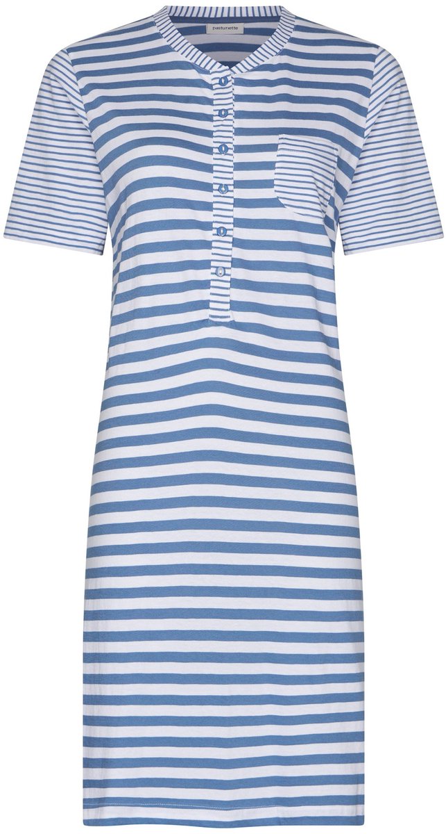 Pastunette - Nachthemd - Stone Blue - Katoen - Blauw/Wit - Knoopsluiting - Maat 46