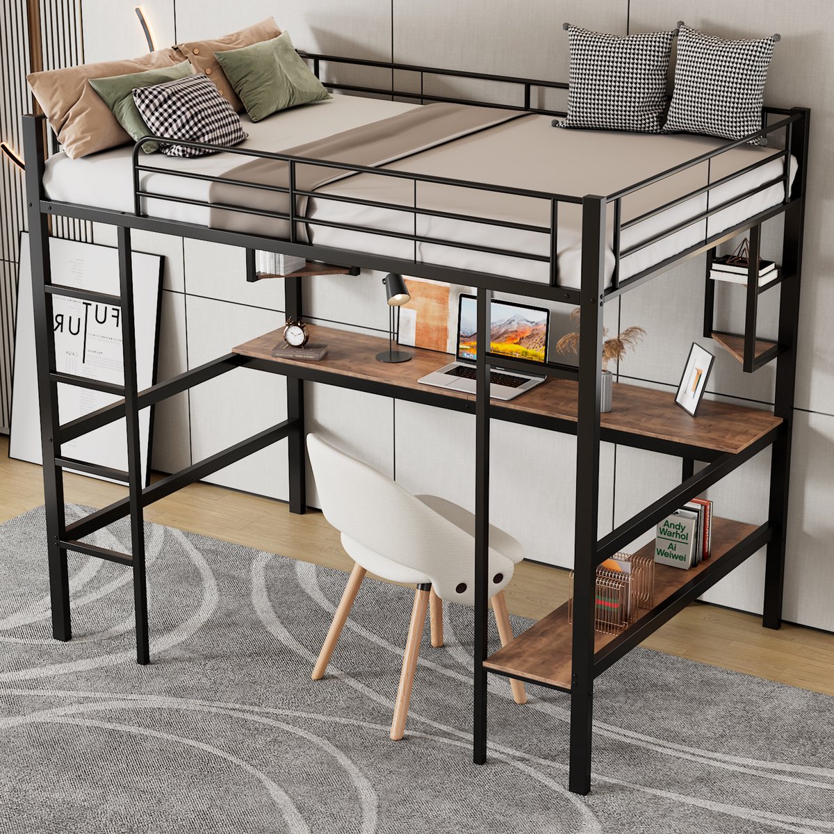 MIVRAY Hoogslaper 90x200 Cm - Met Bureau En Boekenkast - Met Vier Hoekplanken - Zonder Matras - Metaal En MDF - Zwart