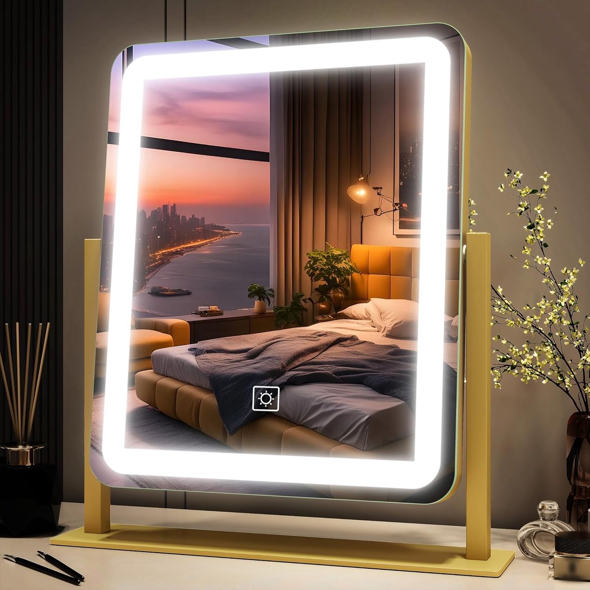 Grote Touchscreen Make-up Spiegel met LED Verlichting en Dimstanden (3 Kleuren)