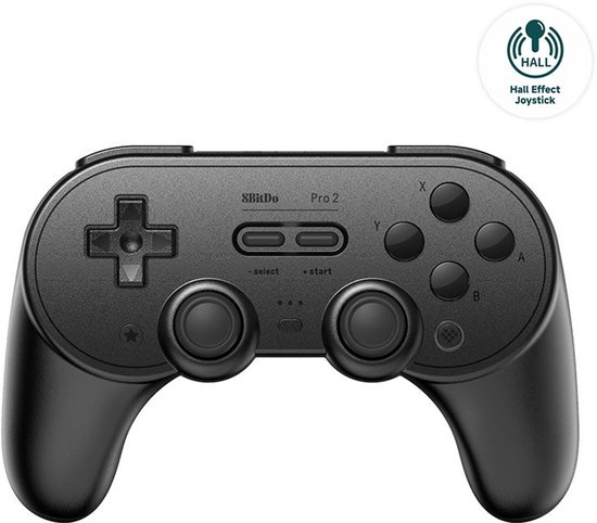 Manette noire avec D-pad en croix, deux joysticks, boutons A/B/X/Y et texte '8Bitdo Pro 2'.