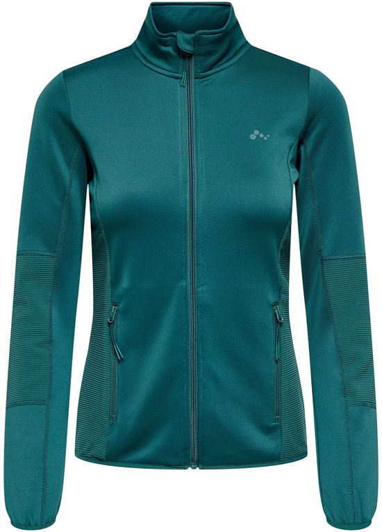 Donkergroene fleece jas met rits, discrete zakken en gestructureerde mouwpanelen. Logo discreet op de borst.
