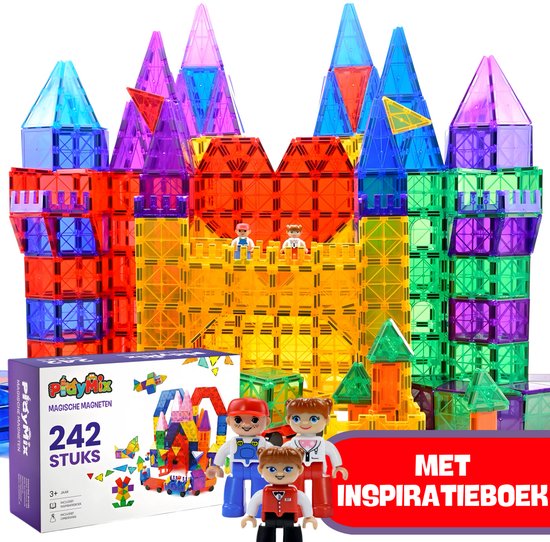 PlayMix Magnetic Tiles - 242 Stuks - Magnetische Tegels - Magnetisch Speelgoed - Bouwspeelgoed - Bouwblokken - Magna - Magneten Speelgoed - Bouwstenen - Montessori Speelgoed - Educatief Speelgoed - Sinterklaas Cadeautjes - Jongens & Meisjes