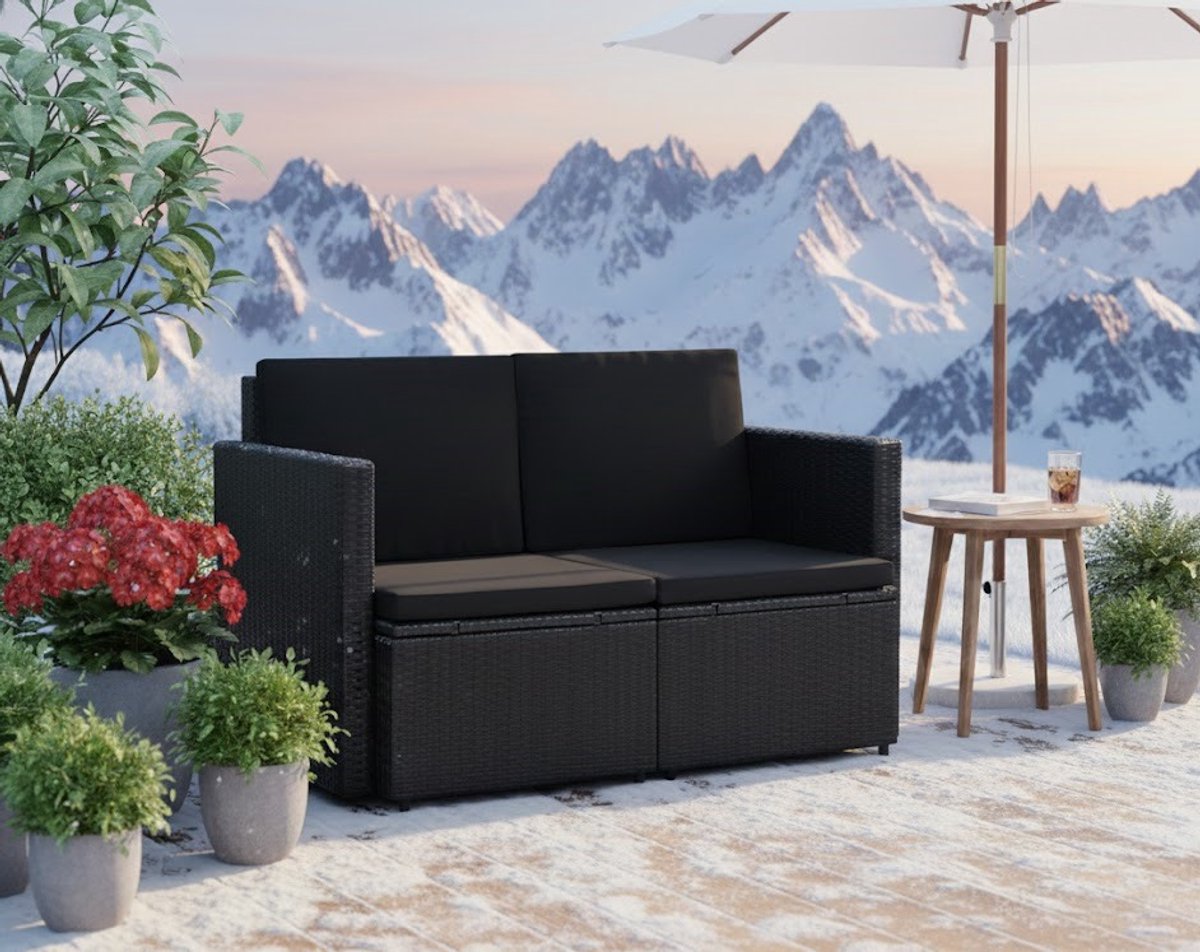 Luxe 2-Zits Tuinbank met Comfortabele Kussens – Poly Rattan Buitenbank voor Terras, Balkon en Tuin – Weerbestendig en Stijlvol Zwart Design House&Garden