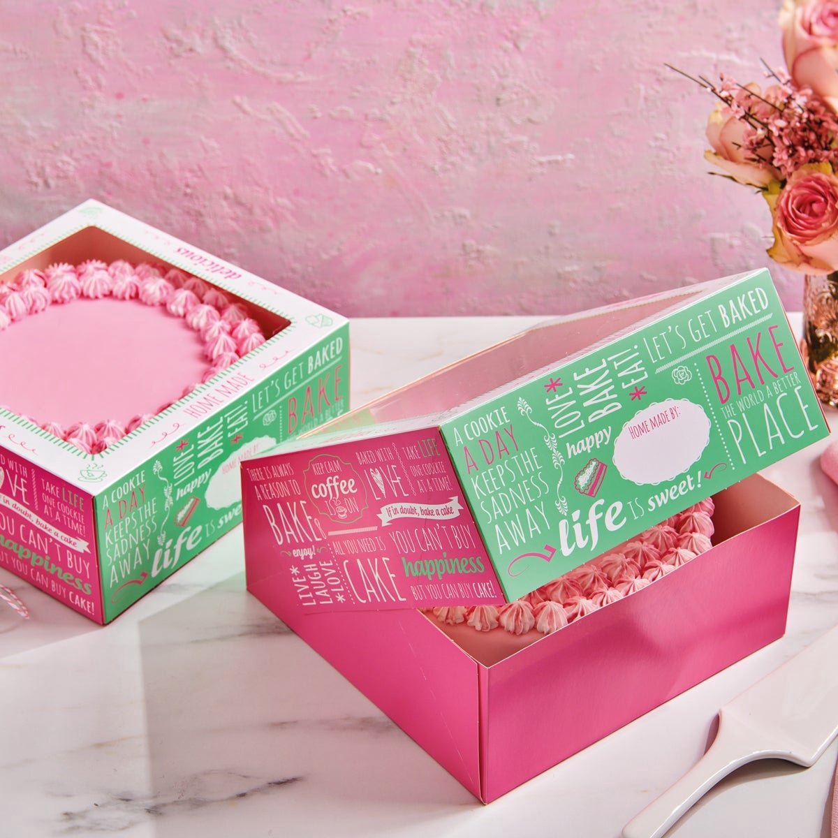 FunCakes Quotes Taartdoos met Venster Vierkant - Karton - Groen/Roze - 2 Stuks - 21x21x9 cm
