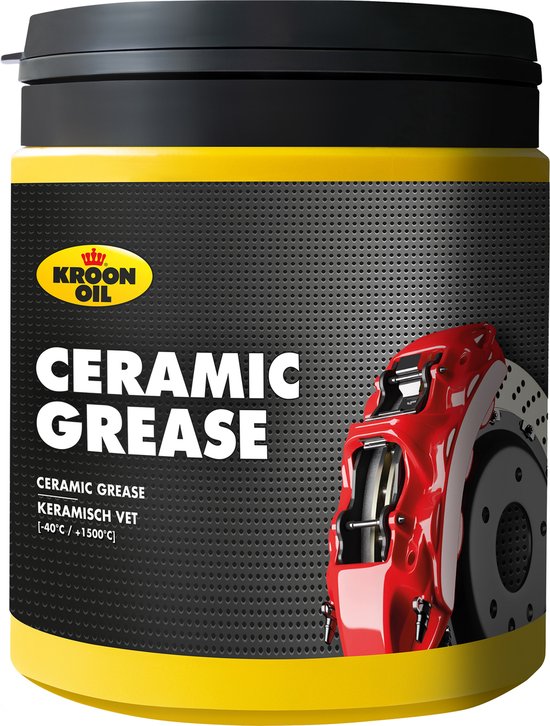 Gele pot met zwarte deksel, met daarop "Kroon Oil" logo, "CERAMIC GREASE" en afbeelding van rode remklauw.